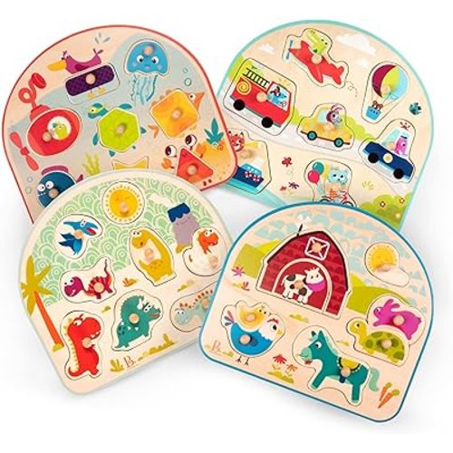 B. Toys- 4 Wooden Peg Puzzles- Dinosaurs, Sea Animals, Vehicles, Farm – Puzzles for Toddlers, Kids – 18 Months +