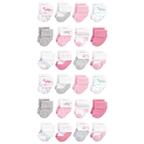 Hudson Baby Cotton Rich Baby Terry Socks 24-Pack, Girl Dino, 0-3 Months