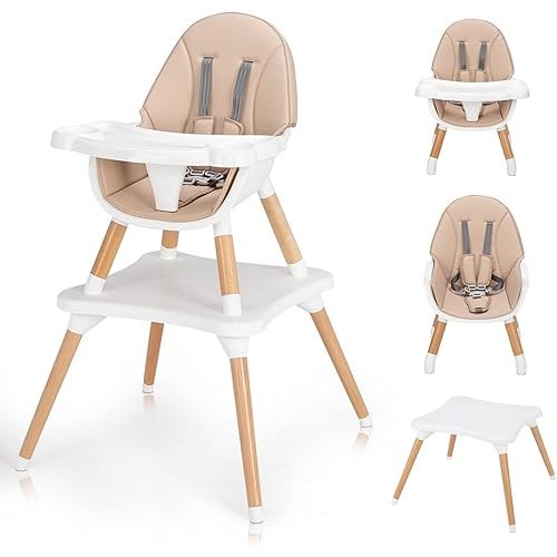 Ktaxon 5-in-1 Baby High Chair, Wooden Convertible Feeding Highchairs with Removable Tray, Safety Harness, Portable Booster for Toddlers & Babies (Beige)