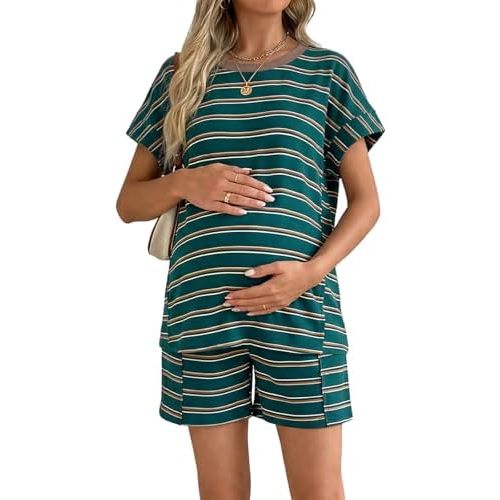 BLENCOT Women's Maternity Two Piece Lounge Set Textured Striped Tee Top and Shorts Pregnancy Summer Outfits