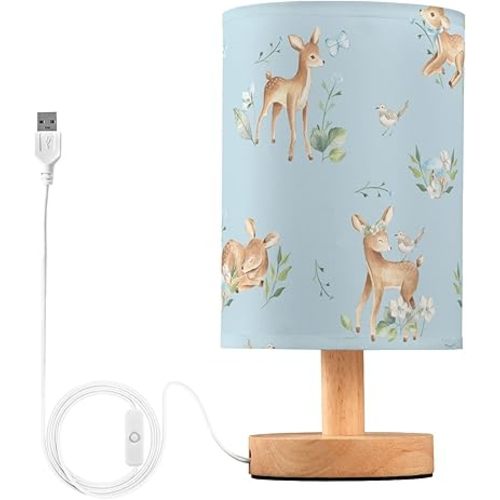 Bedside Table Lamp Woodland Animals Nightstand Lamp with Wood Forest Deer Flower Blue Desk Lamps for Bedroom Living Room Nursery Office Home Decor