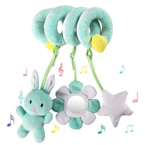 RoamReady Baby Car Seat Toy, Rabbit Spiral Plush Rattle Toy for Stroller Crib, Green