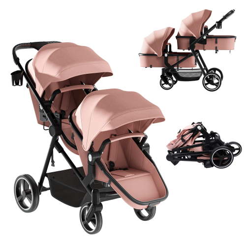 Reasea Double Stroller, Convertible Twin Stroller, Double Infant Stroller for Newborn and Toddler, Pink