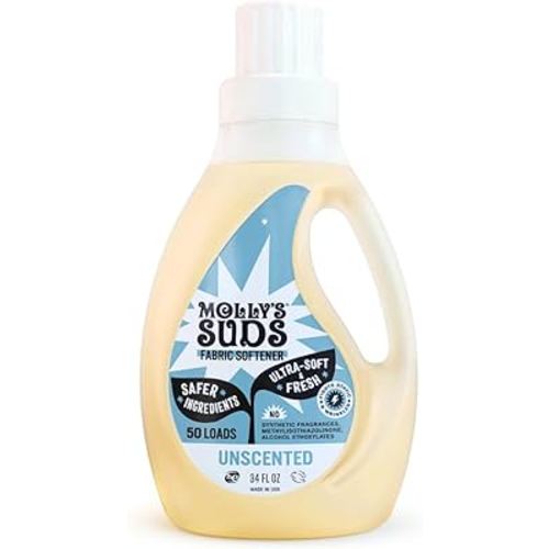 Molly’s Suds Fabric Softener Liquid for Sensitive Skin | Vinegar-Powered, Infused with Essential Oils | Fights Static, Reduces Wrinkles, Deodorizes | Unscented, 50 Loads