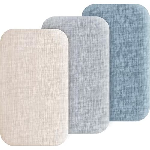 Muslin Bedside Sleeper Bassinet Fitted Sheets, 3 Pack Cotton Baby Sheet for Boys & Girls, Soft, Compatible with Baby Delight, Dream On Me, AMKE and Other Rectangle Mattress (Blue)