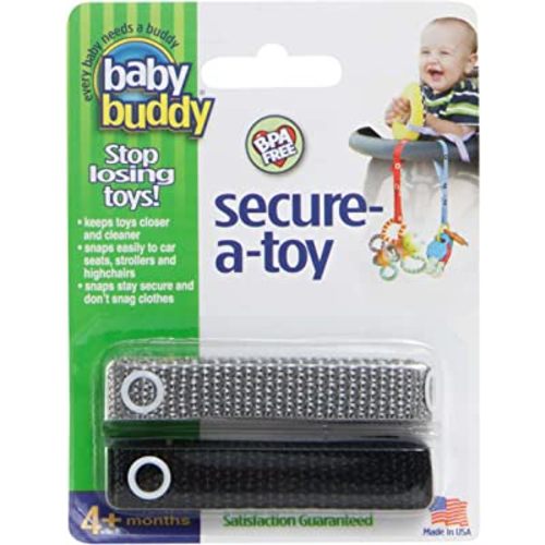 Baby Buddy Secure-A-Toy, Safety Strap Secures Toys, Teether, Or Pacifiers to Strollers, Highchairs, Car Seats, Adjustable Length to Keep Toys Sanitary Clean, Registry Must Haves, Black-Gray, 2 Count