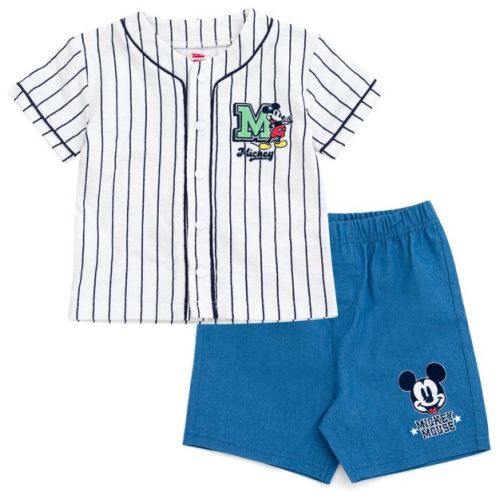 Disney Mickey Mouse Infant Baby Boys Baseball Jersey V-neck Button Down Shirt and Denim Shorts Outfit Set White / Blue 24 Months