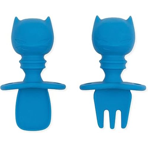 Bumkins Baby Utensils Set, Chewtensils Silicone Spoons for Dipping, Self-Feeding, Baby Led Weaning, Trainer Learning, First Stage Eating, Soft Practice Fork and Spoon, 6 Months, Batman Blue