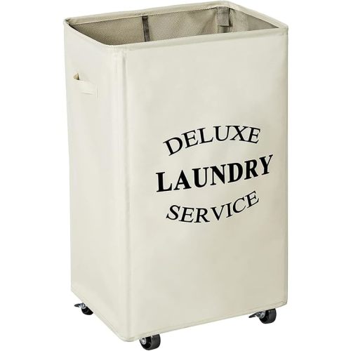 WOWLIVE Large Rolling Laundry Basket Wheels 90L Collapsible Tall Laundry Hamper Handle Foldable Dirty Clothing Basket Fold up Rectangular Hampers for Laundry Dorm Room (Beige)