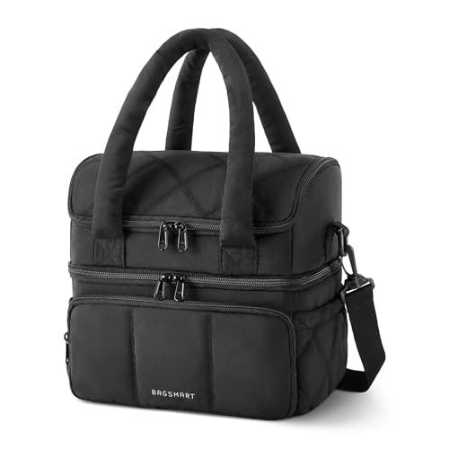 BAGSMART Lunch Bag Women, Double Deck Insulated Lunch Box, Quilted Puffer Lunch Tote, Leakproof, Durable & Reusable Large Lunch Cooler For Work Picnic Travel Meal Prep, Black