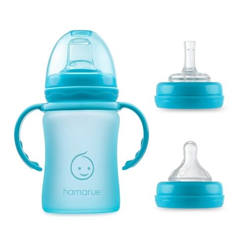3-in-1 Glass Sippy Cups for Toddlers 1-3 | Silicone Coated Baby Sippy Cup | Non-Toxic Transition Sippy Cup with Removeable Handles | Baby Straw Cup (Teal, 5 oz)