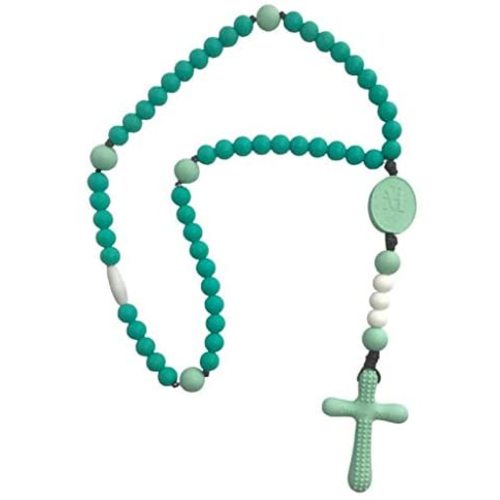 Chews Life Turquoise & Mint Soft Rosary | Silicone Teething Rosary | Boys' or Girls' Baptism or Mass Toy