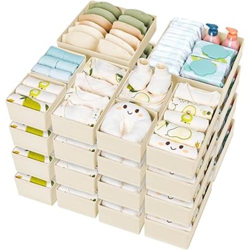 DIMJ Drawer Organizer Clothes 24 Pack - Foldable Baby Organizers and Storage & Dresser Organizer for Bedroom, Closet - Nursery Organization Dresser Dividers for underwear, Sock,Bra, Belt, Tie, Beige