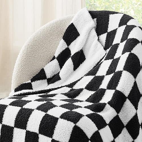 Bedsure Checkered Throw Blanket for Couch - Super Soft, Cozy & Warm Knit Blanket, Breathable, Lightweight & Fluffy for Bed & Sofa, Checkered Black, 50x60 Inches