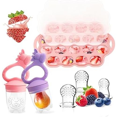 Baby Fruit Food Feeder Breastmilk Popsicle Molds for Teething Relief, Introduce New Foods, Silicone Freezer Tray with Lid, Includes 6 Food Pacifiers (Pink & Purple)