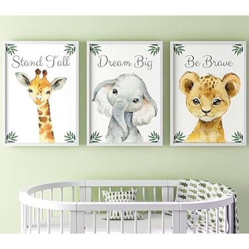 Baby Safari Animals for Girl or Boy Nursery Bedroom, Set of 3 Unframed Wall Art Prints, Jungle Leaves Quote Posters, Nursery Decor Gift, Giraffe Elephant Lion, Stand Tall Dream Big Be Brave (11x14)