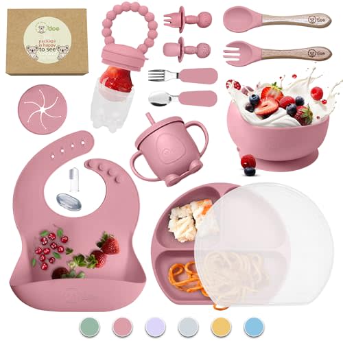 O'doe 17-Piece BPA-Free Silicone Baby Feeding Set | Thick & Soft Suction Plates, Baby Bowls, Wooden Fork & Spoon, and More | Make Mealtime Fun and Easy for Your Little One (Rose, V2)