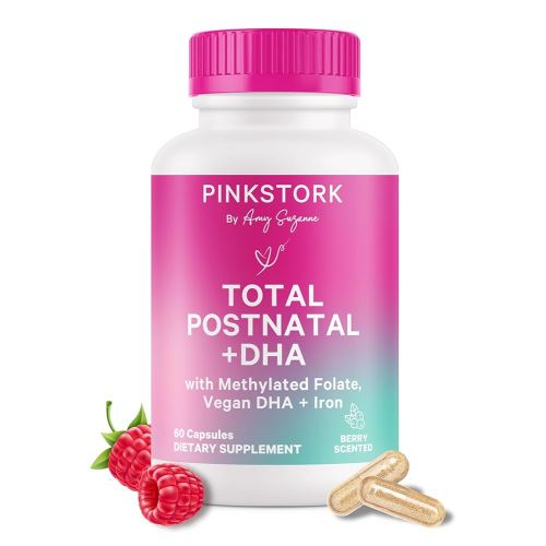 Pink Stork Total Postnatal Vitamins for Women with Vegan DHA, Iron, Folate, and Vitamin B12, Postpartum Recovery Essentials, Daily Supplement for Breastfeeding Moms - 1 Month Supply