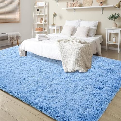 Keeko Fluffy Blue Area Rugs for Bedroom Kids Room, 4x5.3 Cute Shag Fuzzy Baby Rugs Living Room Ultra Soft Furry Carpet Indoor Bedside Rug for Teen Boys Girls Nursery Dorm Decor