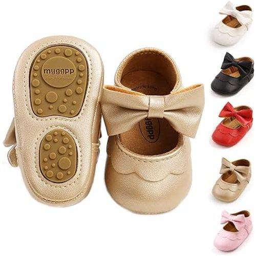 Baby Girls Mary Jane Flats with Bowknot Flowers Princess Wedding Dress Ballet Shoes Non-Slip Toddler First Walkers Newborn Crib Shoes