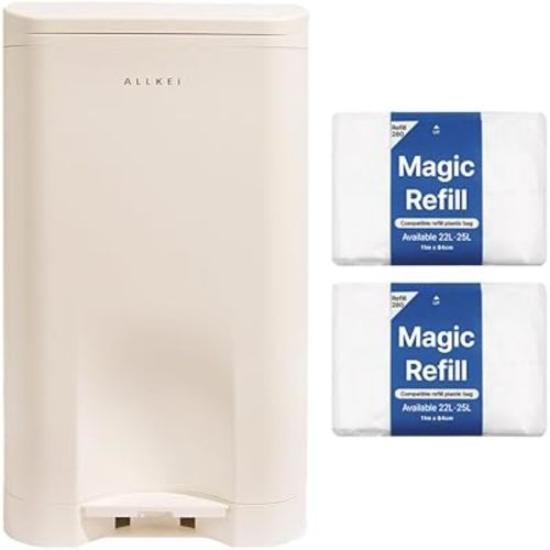 ALLKEI 29L Diaper Pail White Includes 2 Magic Refill Bags, Disposal System, Odor Control Trash Can for Baby, Adult Diaper, and Pet Waste, Made of Durable ABS. (Cream)