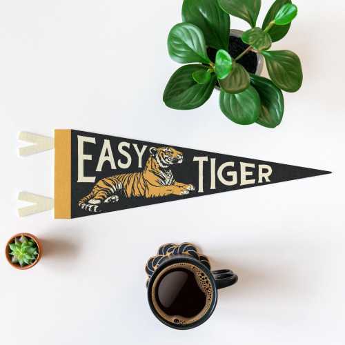 Easy Tiger Felt Pennant | Vintage Inspired Banner, Retro Fun Kids Room Decor, Typography Flag Wall Art, Classic Home Accent Gift.