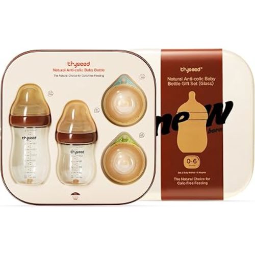 Thyseed Anti-Colic Glass Baby Bottle for Breastfed Infants, Natural Feeding, Breast-Like Newborn Foundation Gift Set | 0–6M