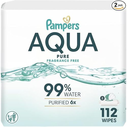 Pampers Aqua Pure Baby Wipes, 99% Water, Fragrance Free, 112 Baby Wipes Total (2X Flip-Top Packs) [Packaging May Vary]