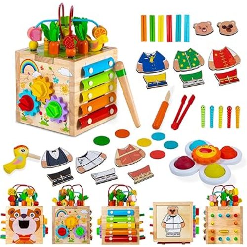 Wooden Activity Cube 11-in-1 Montessori Toys for 3+ Year Old Boys & Girls Multifunctional Learning Sensory Toy for Toddlers Birthday Gifts for Kids