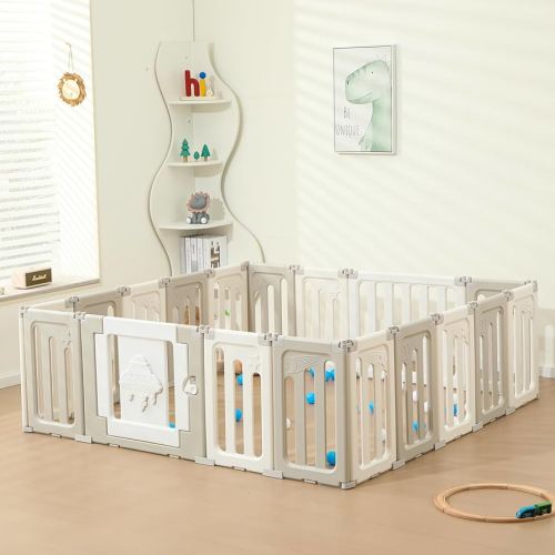Baby Play Pen, 18 Panel Extra Large Play Yard for Toddlers - Portable, Foldable - Grey