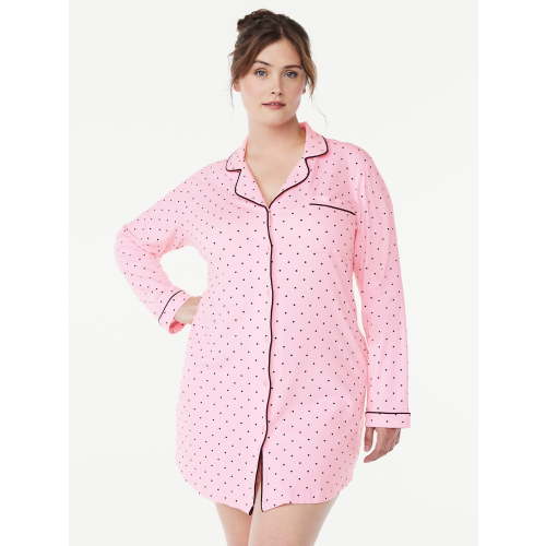 Joyspun Women’s Cotton Blend Long Sleeve Notch Collar Sleepshirt, Sizes S to 4X