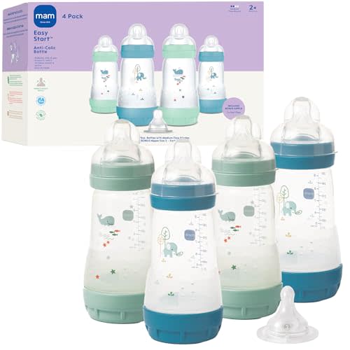 MAM 9oz Easy Start Anti-Colic Baby Bottles, Medium Flow with Bonus Fast Flow Nipple, Breastfeeding-Like Silicone, Reduces Colic and Gas, Easy-to-Clean, BPA-Free, 2 Plus Months