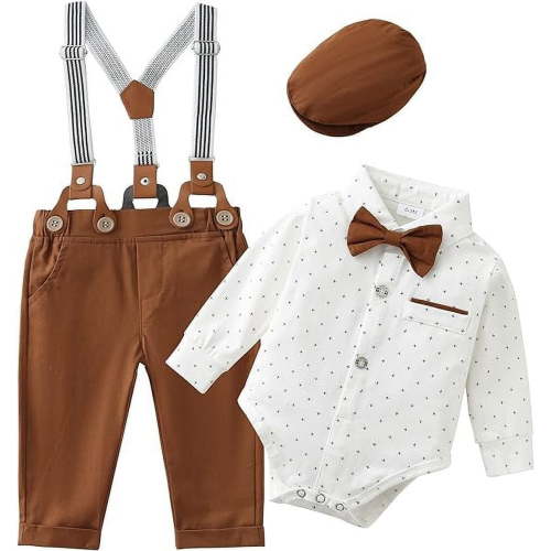 CARETOO Baby Boy Formal Clothes Outfit 0-24M Suspender Pants Bowtie Beret Hat Cotton Fabric 4pcs Set