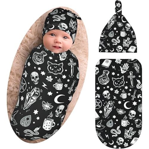 Goth Baby Stuff Gothic Halloween Swaddle Blankets with Hat Sets Soft Baby Receiving Blanket New Born Soft Sleep Sacks for Infant Boys Girls 0-6M-3