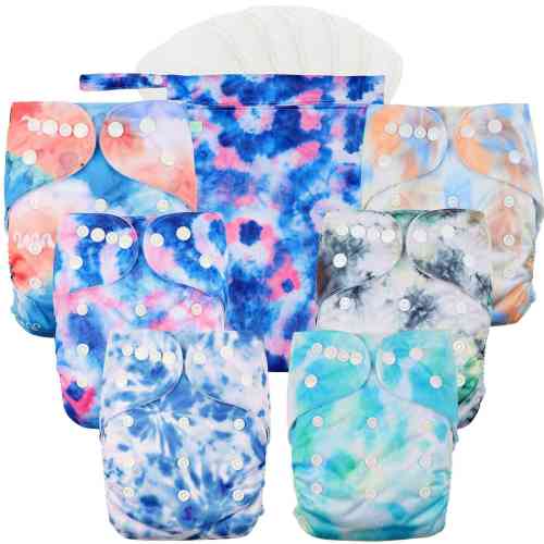 Wegreeco Washable Reusable Baby Cloth Pocket Diapers 6 Pack + 6 Bamboo Inserts (with 1 Wet Bag,Tie-dye, Ink)