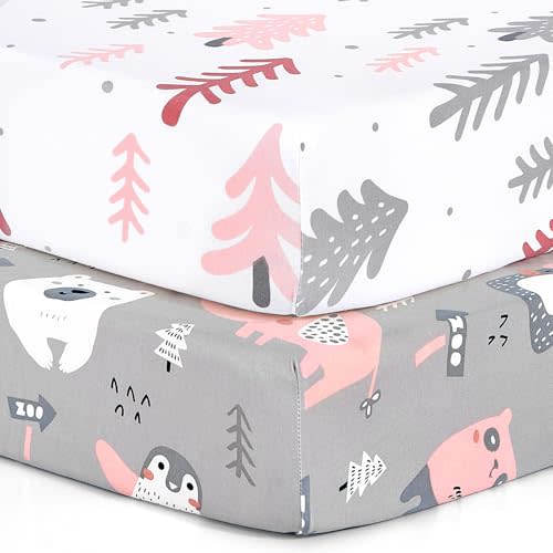 BROLEX 2 Pack Mini Crib Sheets, Stretchy Portable Fitted Playard Sheet Set, Convertible Playard Mattress Cover, Ultra Soft Breathable Material, Jungle Animals
