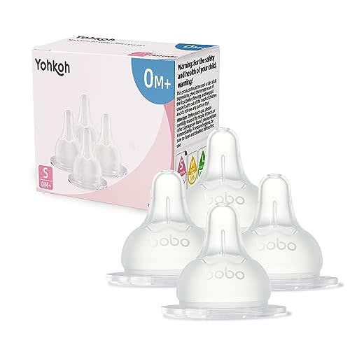 YOHKOH Baby Bottle Nipples for Wide Neck Bottles, 100% Natural Feel Silicone Nipples, BPA-Free (0m+, S, 4 Counts)