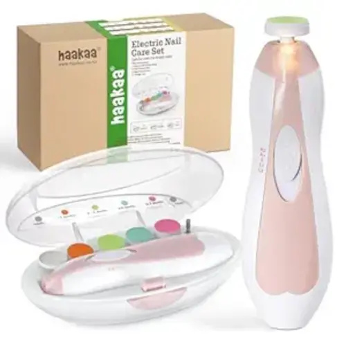 haakaa Baby Nail Trimmer Electric Safe Baby Nail Clippers Baby Nail File Kit Manicure Set, Trim Polish Grooming kit for Newborn Toddler or Adults Toes Fingernails, 6 Grinding Heads and LED Light