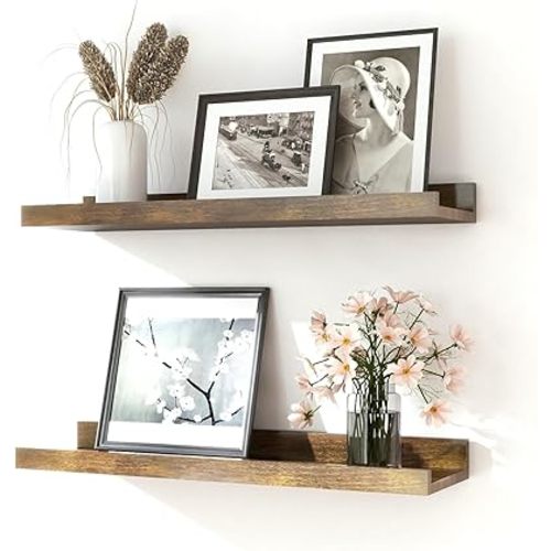 Floating Shelves for Wall Decor, Wall Mounted Wood Storage Shelf for Bedroom, Living Room, Bathroom, Kitchen, Nursery, Rustic Display Picture Ledge Shelf with Lip Set of 2-16 Inches, Brown