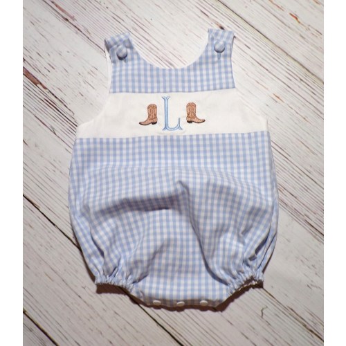 Cowboy Baby Bubble Romper, Monogrammed Gingham Romper