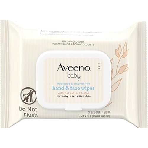 Aveeno Baby Fragrance-Free Hand & Face Wipes with Oat Extract & Aloe, Cleansing & Moisturizing Baby Wipes for Sensitive Skin, Sulfate-, Alcohol-, Paraben- & Dye-Free, Hypoallergenic, 25 ct (Pack of 4)