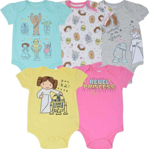 Star Wars R2-D2 Chewbacca Princess Leia Infant Baby Girls 5 Pack Bodysuits Newborn to Infant