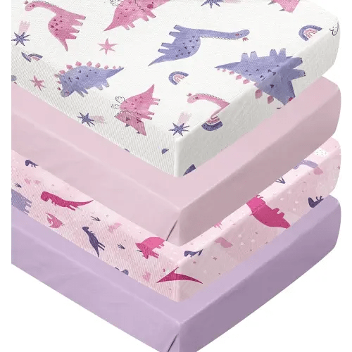 4 Pack Dinosaur Crib Sheets for Girls, Breathable Fitted Standard Crib Sheets Crib Sheets Girl for Standard Crib Mattress Baby Gift Set