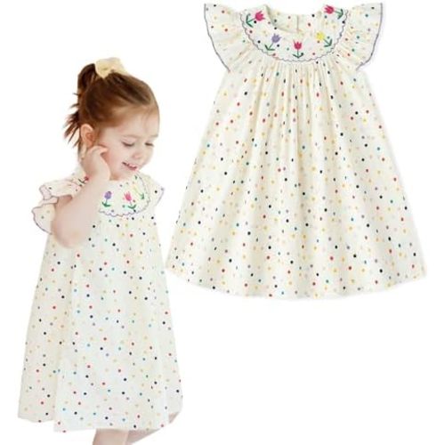 Simplee kids Baby Girls Casual Dress Toddler Smocking Dress Floral Print Sundress for Spring Summer 1-6 Years