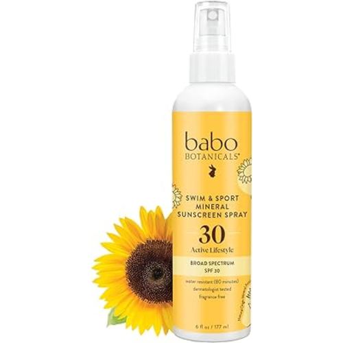 Babo Botanicals Swim & Sport Mineral Sunscreen Spray SPF 30 - Natural Zinc Oxide - Face & Body - For all ages - Dermatologist Tested - Cruelty-Free - Fragrance-Free - Water Resistant