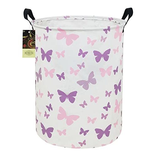 HUNRUNG Laundry Hamper,Large Canvas Fabric Lightweight Storage Basket Toy Organizer Dirty Clothes Collapsible Waterproof for College Dorms（Round-Butterfly）