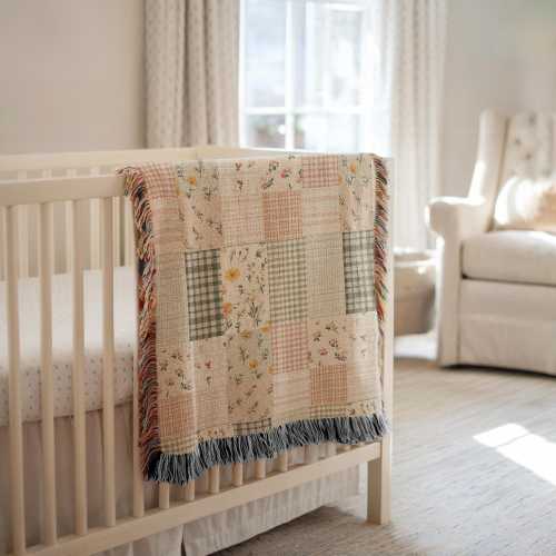 Farmhouse Patchwork Woven Blanket Baby Shower Gift, Shabby Chic Baby Throw, Grandmillenial Nursery Decor, Floral Blanket Baby Girl Gift