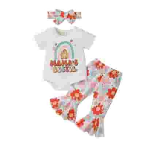 Baby Girls 0-18 Months Flower Rainbow Romper and Flared Pants Outfit Clothing Sets 3-6 Momths