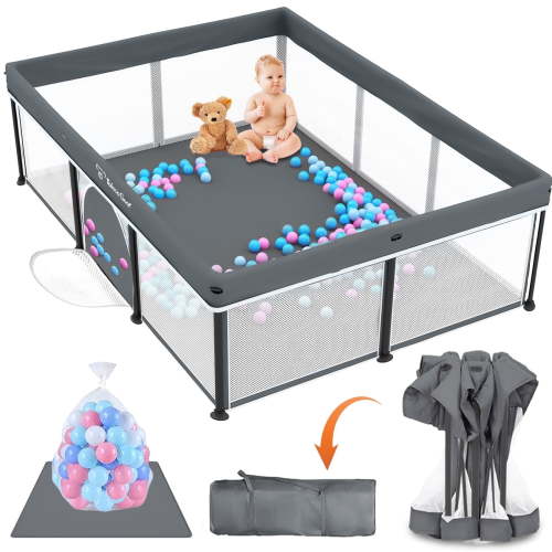 Foldable Baby Playpen with Mat, Collapsible Play Pen for Babies and Toddlers, Indoor & Outdoor Kids Safety Play Pen, Portable Play Yard with 50 Ocean Balls, 50"×70", Gray