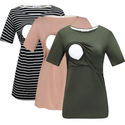 Bearsland Women's 3 Packs Maternity Nursing Tops Short Sleeve Breastfeeding Shirts